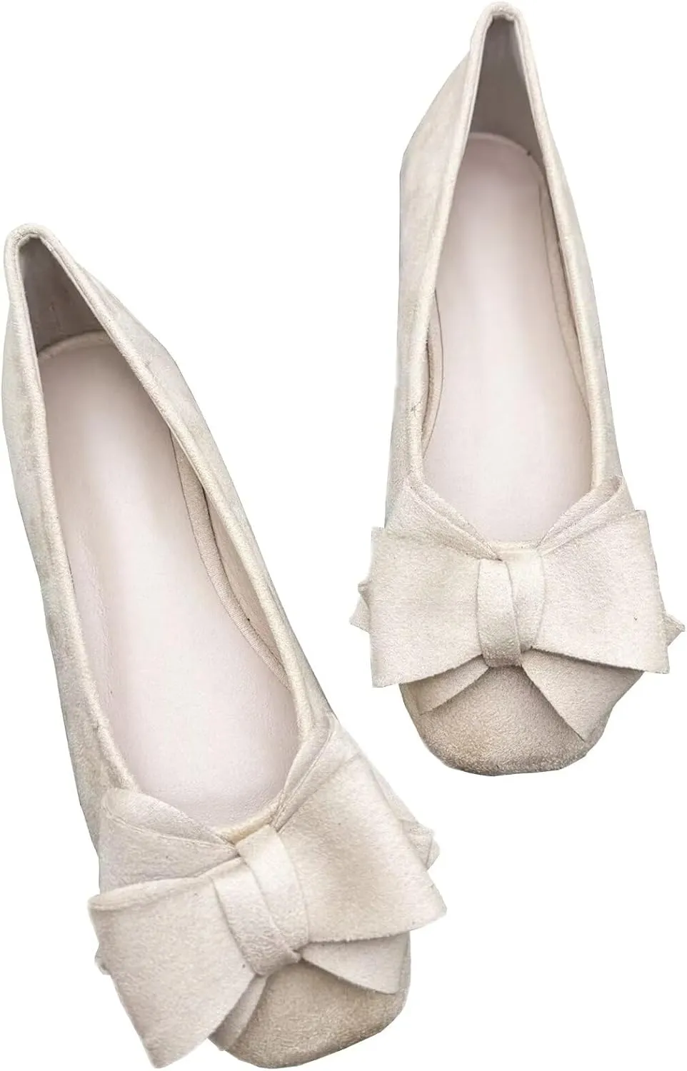WENJIAZHIZHI Bowknot Ballet Flats Womens Square Toe Bowtie Flat Shoes Suede Dress Shoes Wear to Work Slip On Moccasins