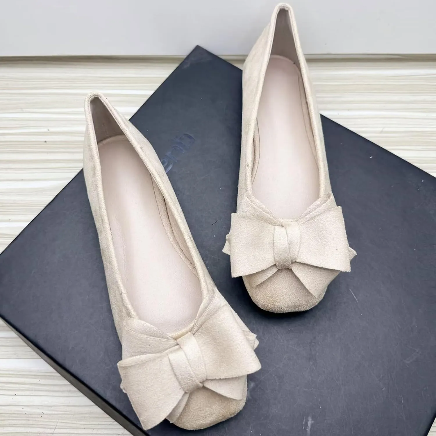 WENJIAZHIZHI Bowknot Ballet Flats Womens Square Toe Bowtie Flat Shoes Suede Dress Shoes Wear to Work Slip On Moccasins