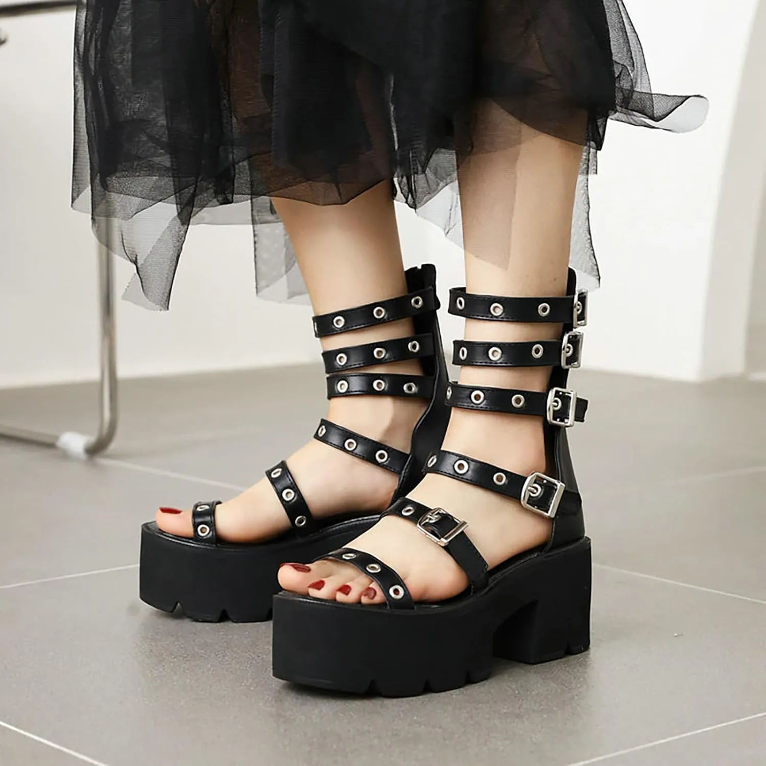 WENOREG Women's Metal Decoration Platform Gladiator Sandals,Summer Adjustable Metal Ankle Buckle Back Zipper Goth Comfortable Sandals Party Classic Chunky Heel Punk Shoes