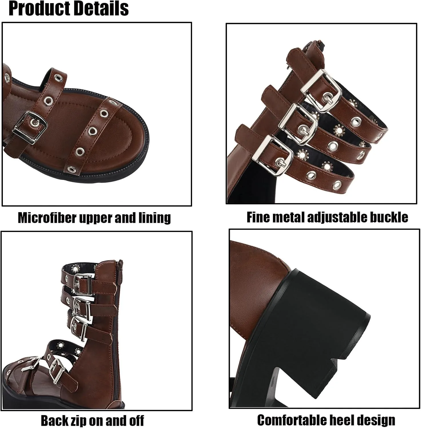 WENOREG Women's Metal Decoration Platform Gladiator Sandals,Summer Adjustable Metal Ankle Buckle Back Zipper Goth Comfortable Sandals Party Classic Chunky Heel Punk Shoes