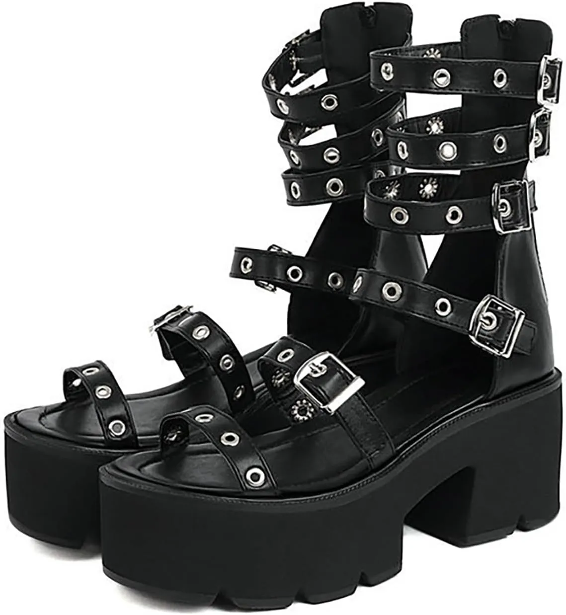 WENOREG Women's Metal Decoration Platform Gladiator Sandals,Summer Adjustable Metal Ankle Buckle Back Zipper Goth Comfortable Sandals Party Classic Chunky Heel Punk Shoes