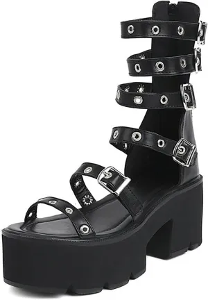 WENOREG Women's Metal Decoration Platform Gladiator Sandals,Summer Adjustable Metal Ankle Buckle Back Zipper Goth Comfortable Sandals Party Classic Chunky Heel Punk Shoes