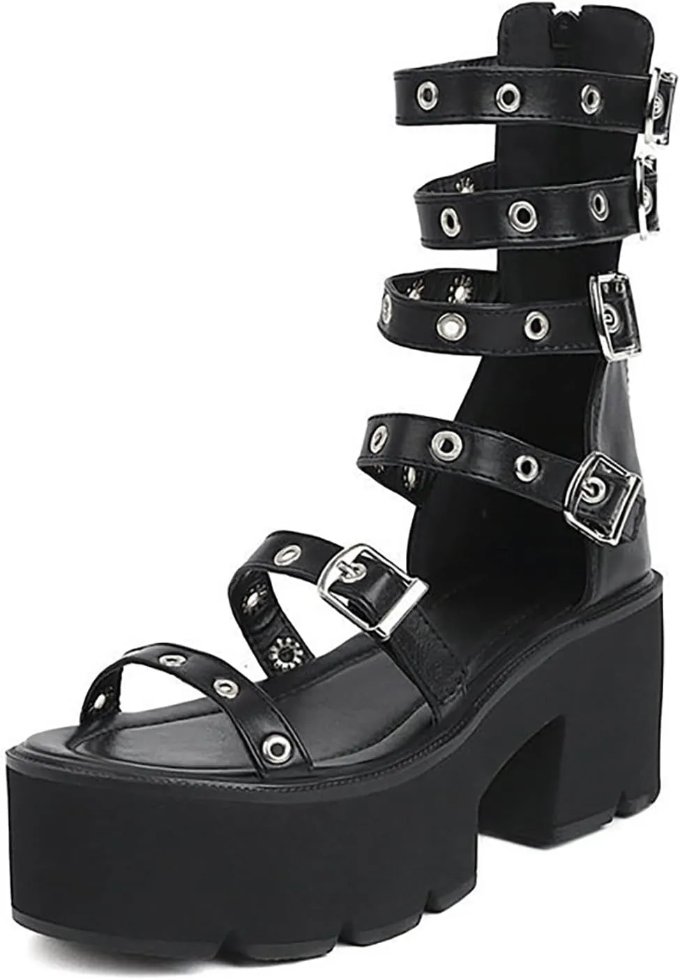 WENOREG Women's Metal Decoration Platform Gladiator Sandals,Summer Adjustable Metal Ankle Buckle Back Zipper Goth Comfortable Sandals Party Classic Chunky Heel Punk Shoes