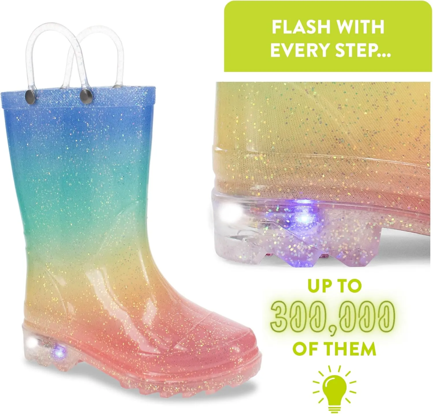 Western Chief Kids Waterproof Light Up Rain Boots With Handles for Easy On and Off for Boys and Girls