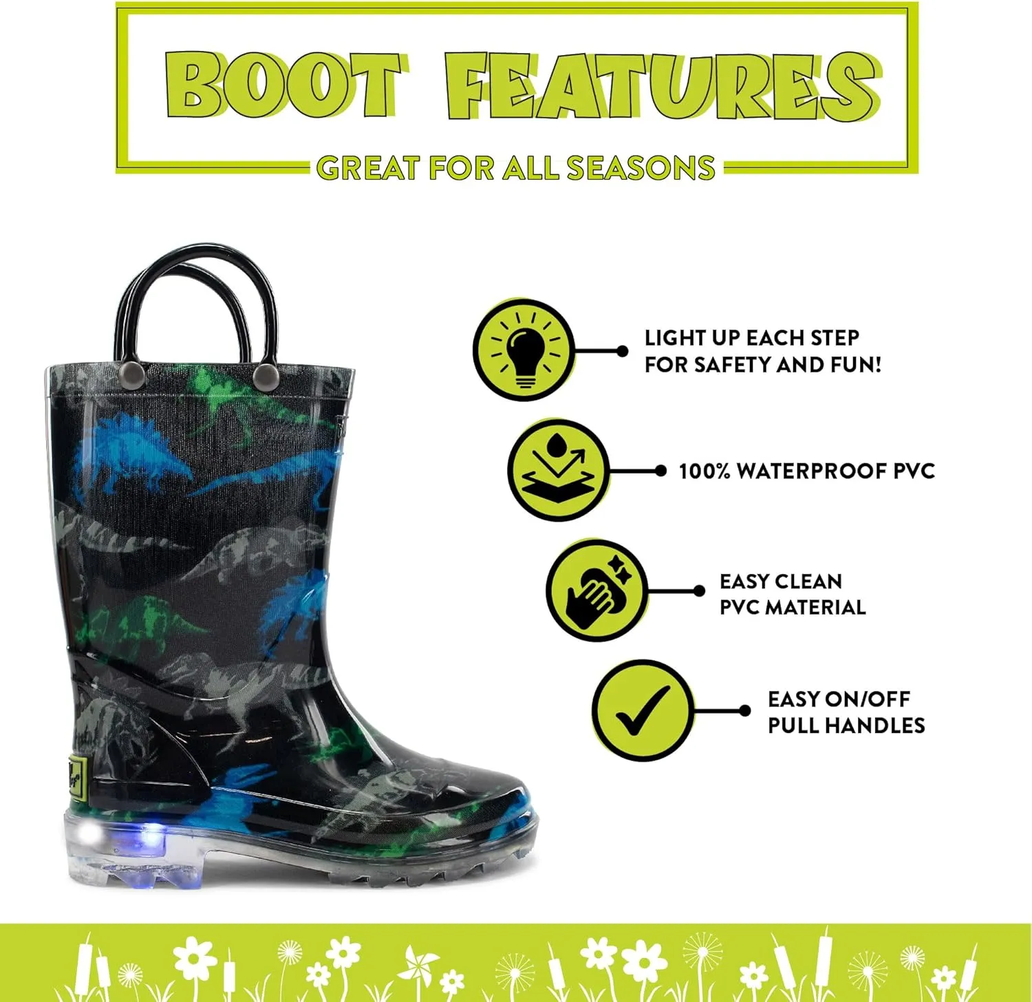 Western Chief Kids Waterproof Light Up Rain Boots With Handles for Easy On and Off for Boys and Girls