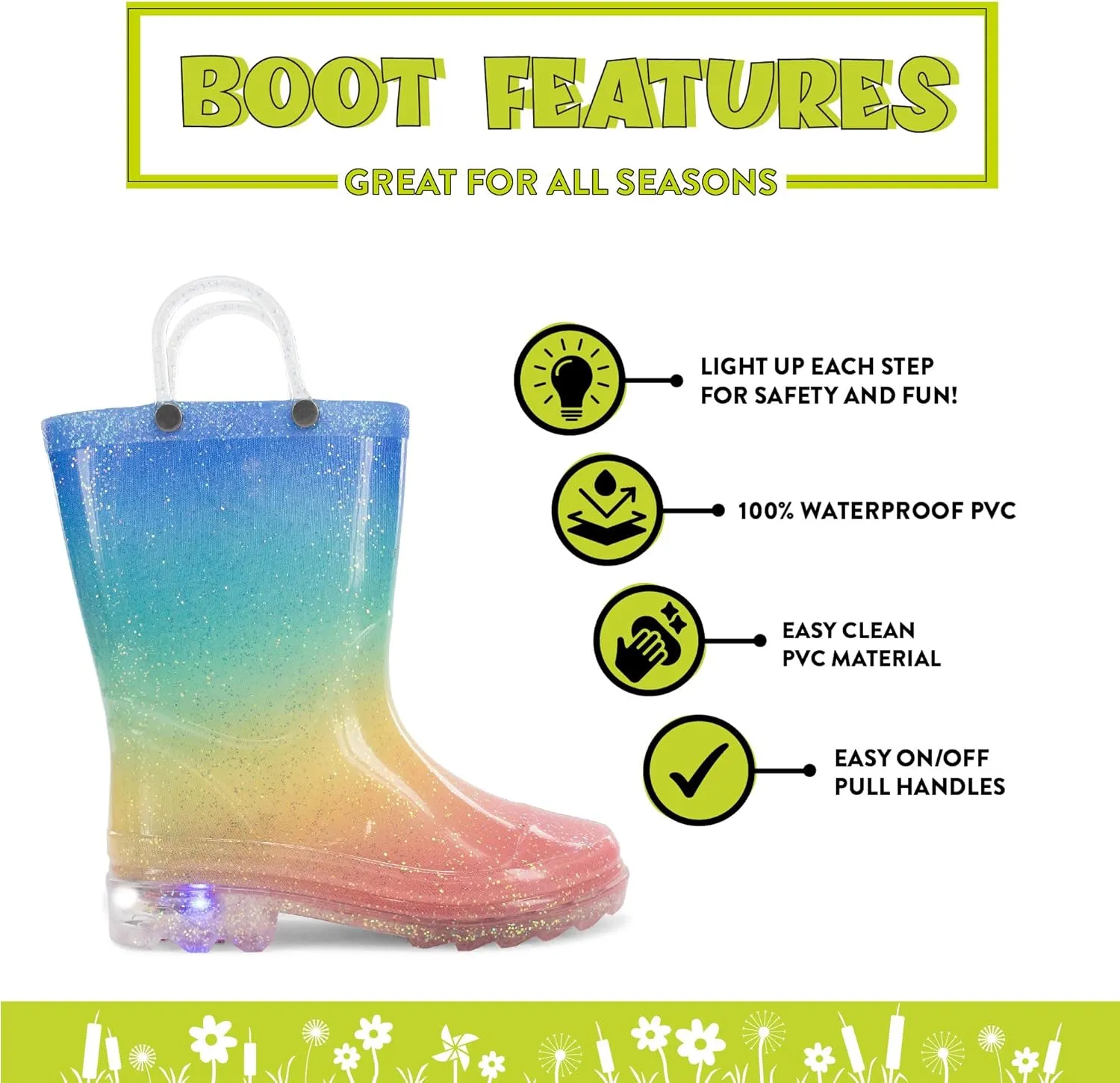Western Chief Kids Waterproof Light Up Rain Boots With Handles for Easy On and Off for Boys and Girls
