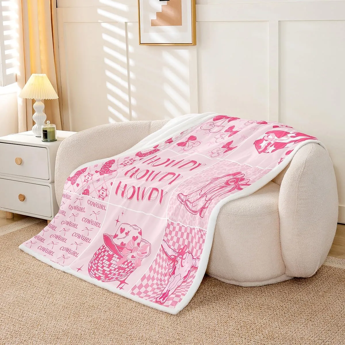 Western Cowgirl Fleece Blanket Pink Disco Ball Throw Blanket, Howdy Cow Girl Sherpa Blanket For Girls Kids Twin Size Southwestern Boots Fuzzy Blanket Kawaii Pink Bow Blanket Preppy Room Decor