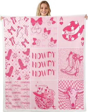 Western Cowgirl Fleece Blanket Pink Disco Ball Throw Blanket, Howdy Cow Girl Sherpa Blanket For Girls Kids Twin Size Southwestern Boots Fuzzy Blanket Kawaii Pink Bow Blanket Preppy Room Decor