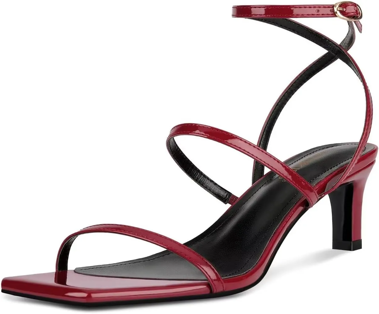 wetkiss Low Heel Kitten Strappy Heels for Women with Square Toe Ankle Strap Heeled Sandals for Dress Wedding Party Club Date Work