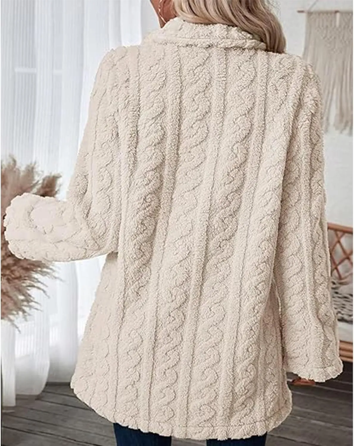 Winter Women's 2023 Double Breasted Lapel Neck Flannelette Coat, Long Cardigan Faux Fur Warm Outwear Jackets