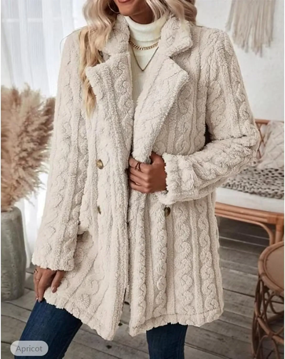 Winter Women's 2023 Double Breasted Lapel Neck Flannelette Coat, Long Cardigan Faux Fur Warm Outwear Jackets