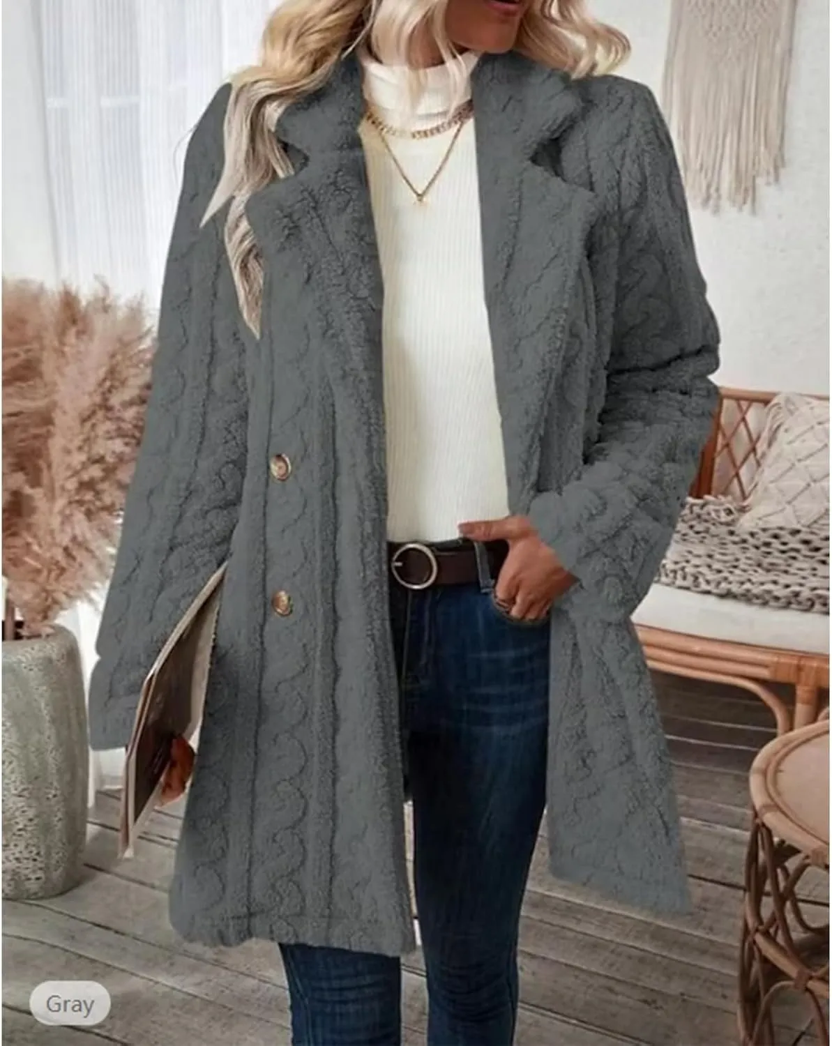 Winter Women's 2023 Double Breasted Lapel Neck Flannelette Coat, Long Cardigan Faux Fur Warm Outwear Jackets