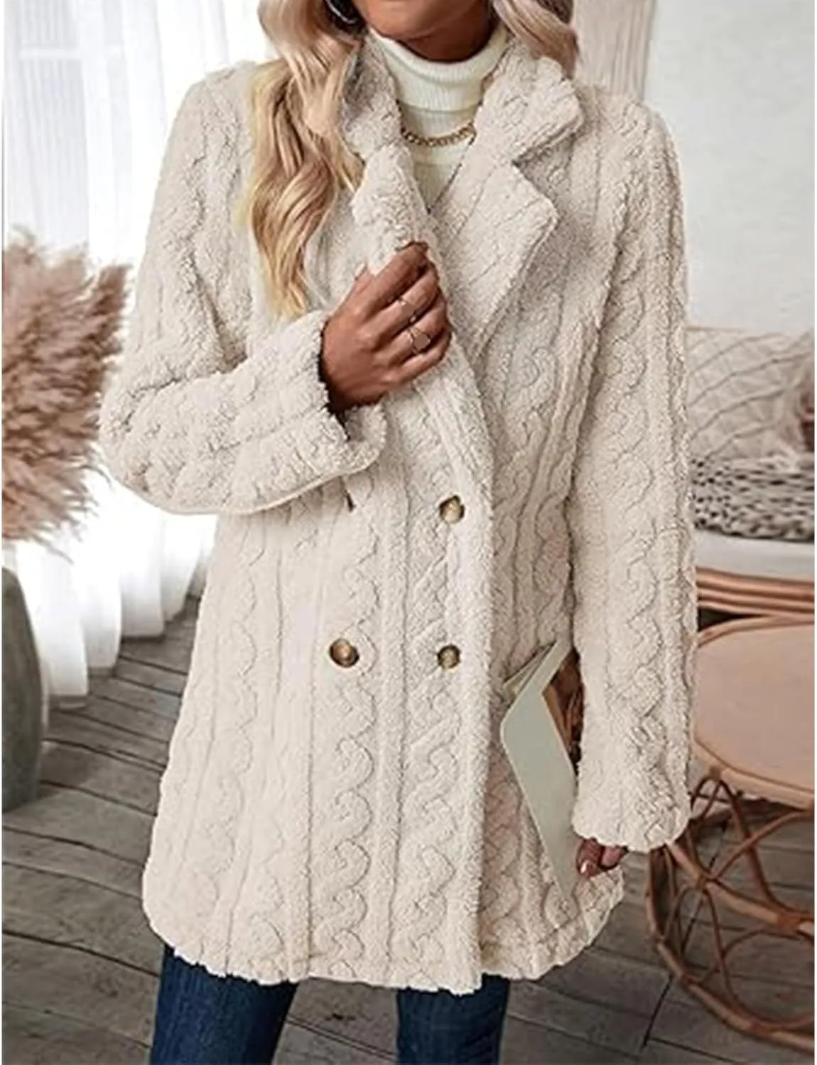 Winter Women's 2023 Double Breasted Lapel Neck Flannelette Coat, Long Cardigan Faux Fur Warm Outwear Jackets
