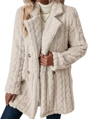 Winter Women's 2023 Double Breasted Lapel Neck Flannelette Coat, Long Cardigan Faux Fur Warm Outwear Jackets