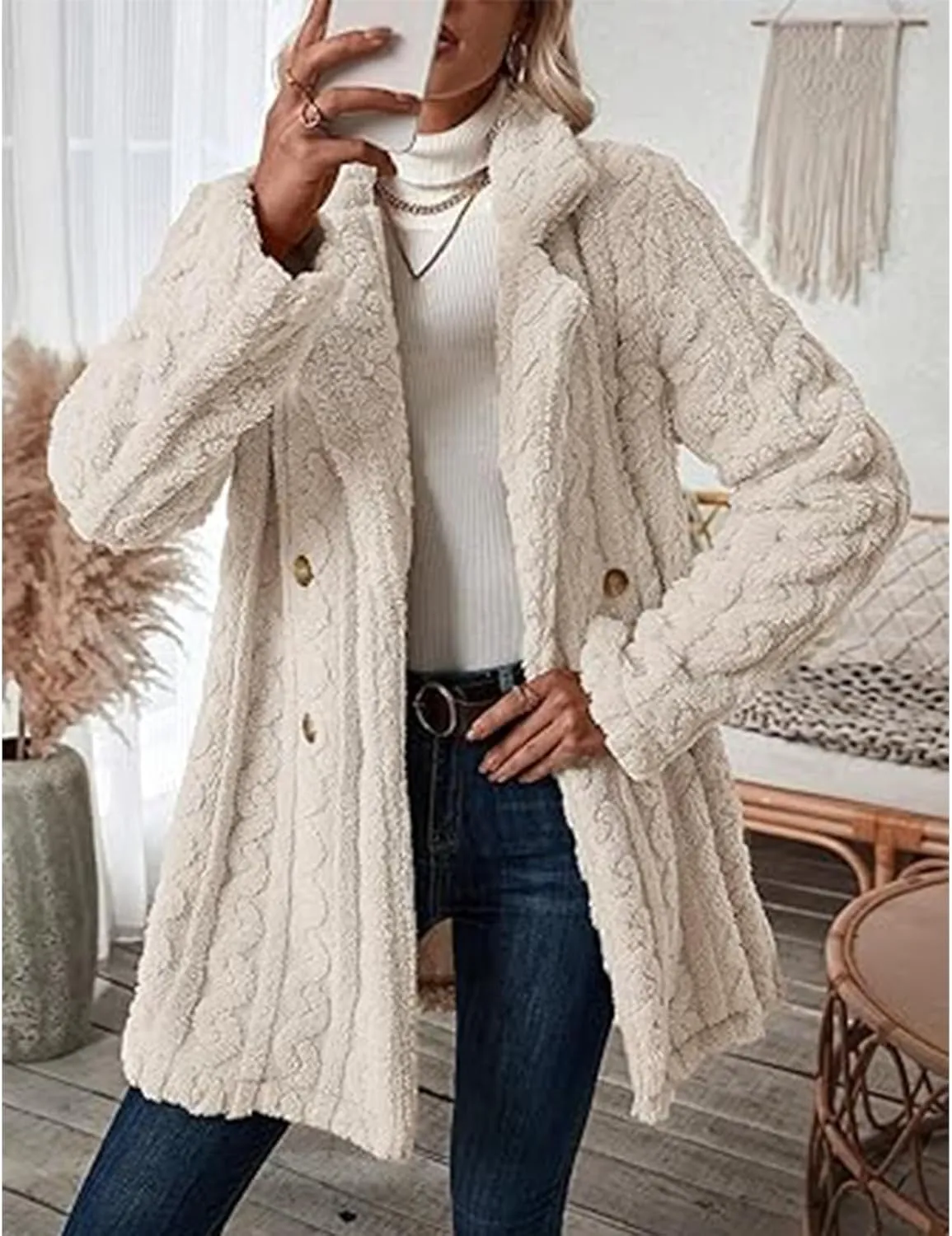 Winter Women's 2023 Double Breasted Lapel Neck Flannelette Coat, Long Cardigan Faux Fur Warm Outwear Jackets