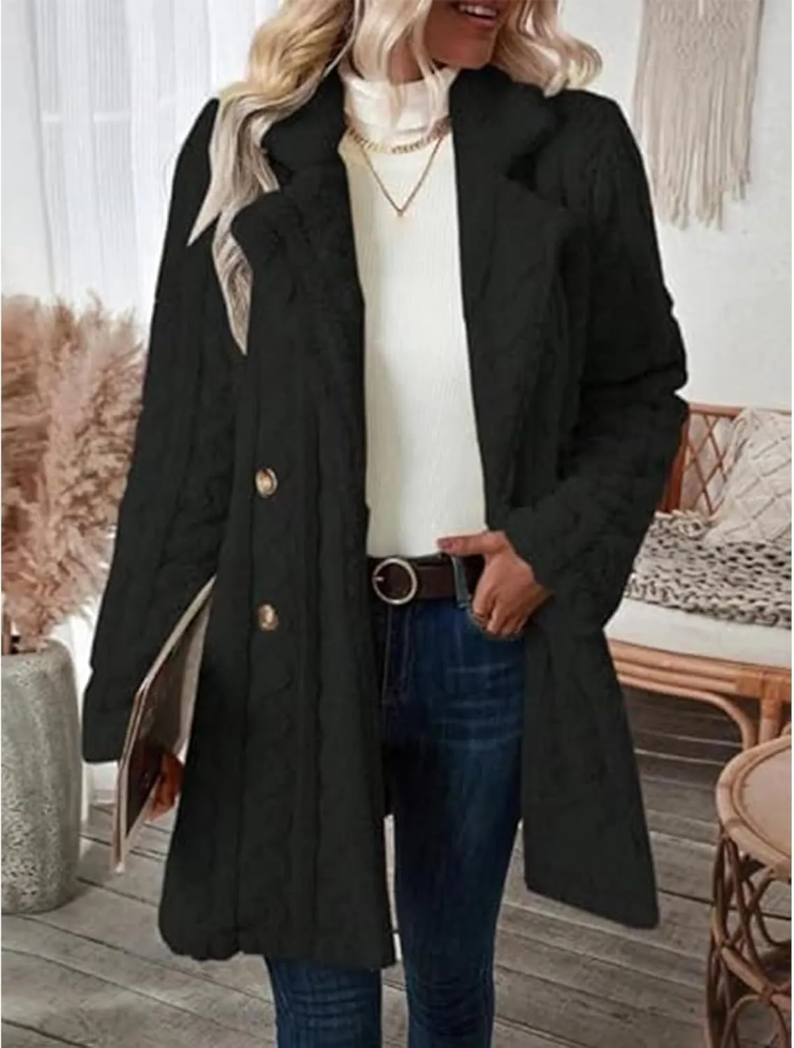 Winter Women's 2023 Double Breasted Lapel Neck Flannelette Coat, Long Cardigan Faux Fur Warm Outwear Jackets