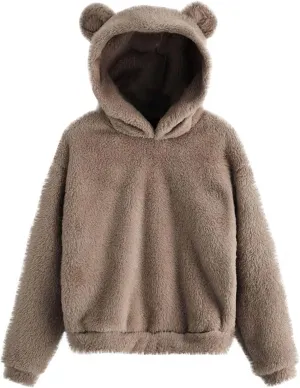 Wkishenl Fall Winter Womens Fluffy Bear Ear Hoodies,Lovely Plush Casual Sweatshirts,Fuzzy Warm Sweater,Plush Fuzzy Pullover