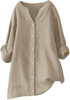 Wkishenl Oversized Cotton Linen Shirt for Women Casual Solid Button Down V-Neck Tops Long Sleeve Loose Fit Blouse Basic Tee