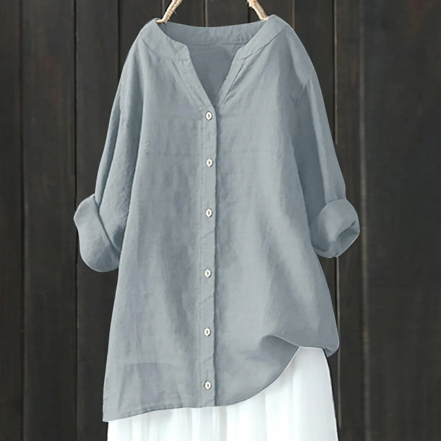 Wkishenl Oversized Cotton Linen Shirt for Women Casual Solid Button Down V-Neck Tops Long Sleeve Loose Fit Blouse Basic Tee