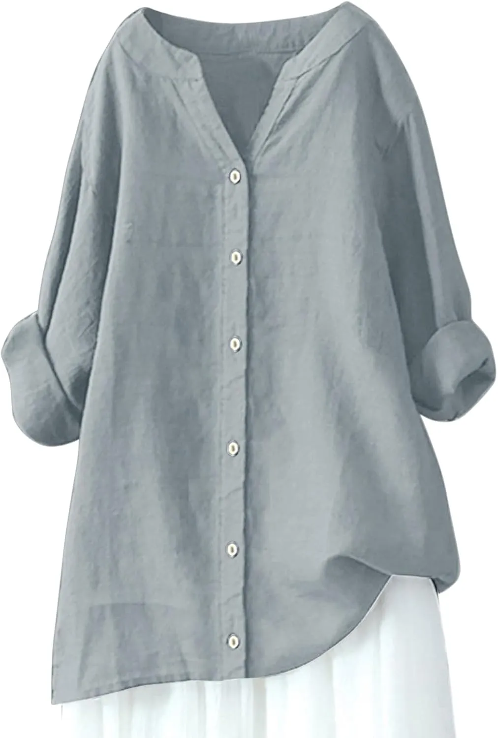 Wkishenl Oversized Cotton Linen Shirt for Women Casual Solid Button Down V-Neck Tops Long Sleeve Loose Fit Blouse Basic Tee