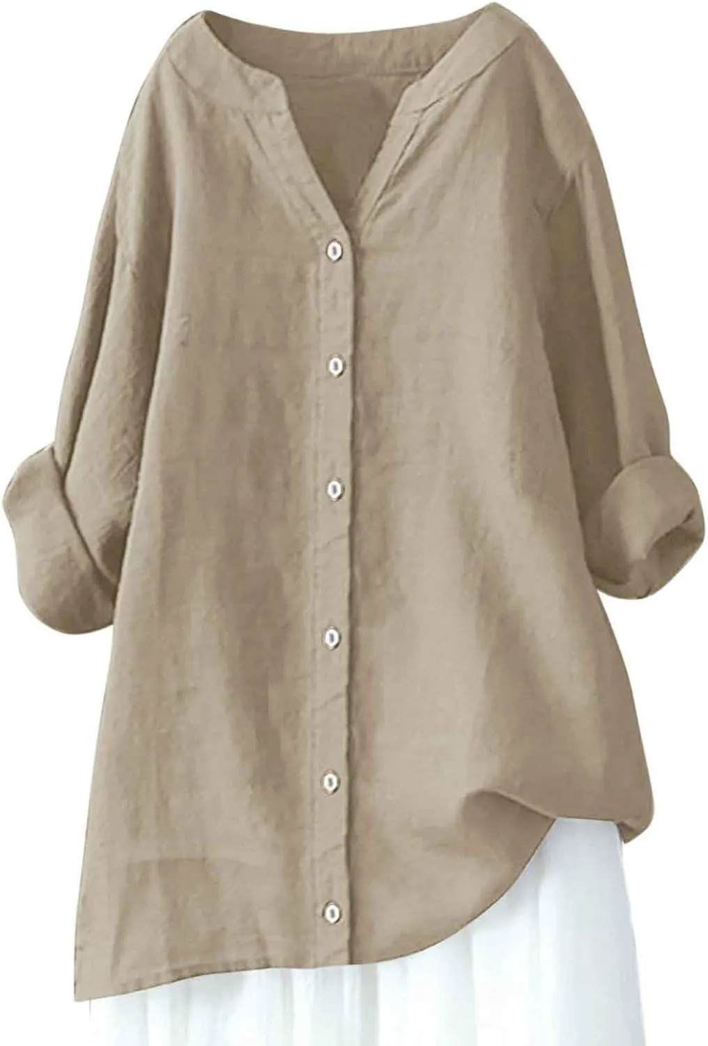 Wkishenl Oversized Cotton Linen Shirt for Women Casual Solid Button Down V-Neck Tops Long Sleeve Loose Fit Blouse Basic Tee