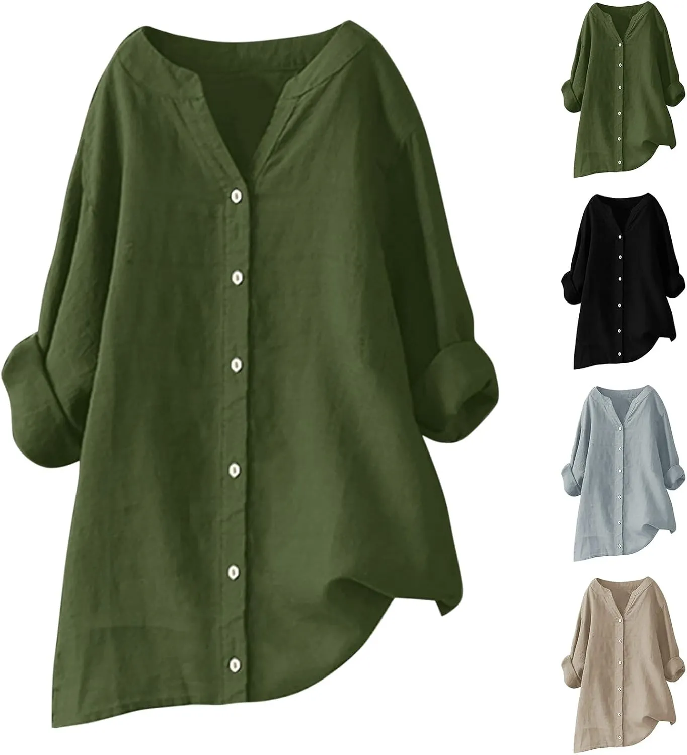Wkishenl Oversized Cotton Linen Shirt for Women Casual Solid Button Down V-Neck Tops Long Sleeve Loose Fit Blouse Basic Tee