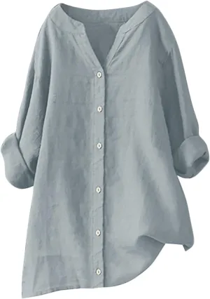 Wkishenl Oversized Cotton Linen Shirt for Women Casual Solid Button Down V-Neck Tops Long Sleeve Loose Fit Blouse Basic Tee