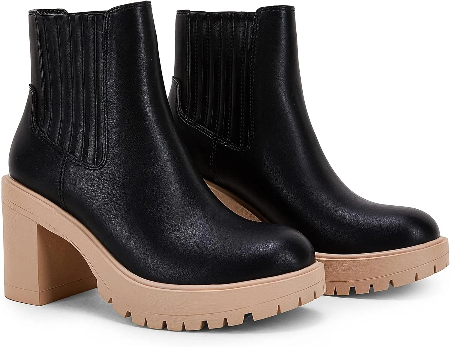 Womems Platform Lug Sole Ankle Boots Chunky Block Heel Seam Booties Combat Cozy Round Toe Chelsea Shoes