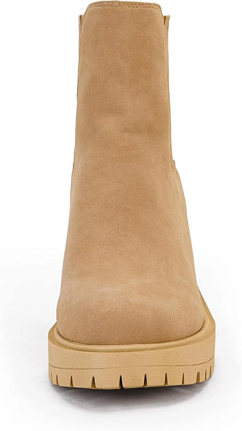 Womems Platform Lug Sole Ankle Boots Chunky Block Heel Seam Booties Combat Cozy Round Toe Chelsea Shoes
