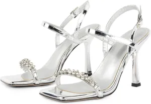 Women Black Heels with Square Open Toe Rhinestone Strappy Sandals Ankle Strap High Heeled Summer Shoes for Dressy Wedding Comfortable Pumps
