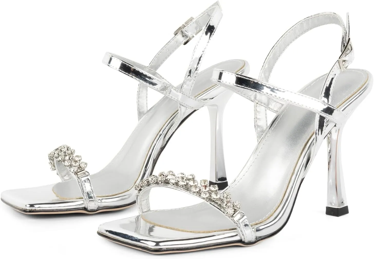 Women Black Heels with Square Open Toe Rhinestone Strappy Sandals Ankle Strap High Heeled Summer Shoes for Dressy Wedding Comfortable Pumps