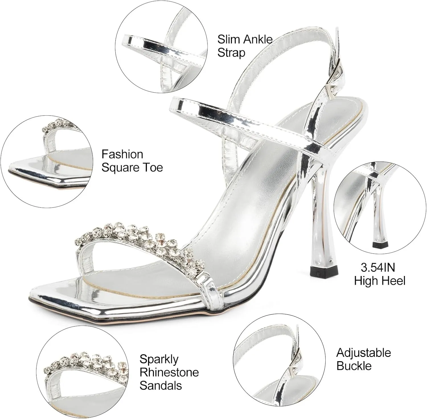 Women Black Heels with Square Open Toe Rhinestone Strappy Sandals Ankle Strap High Heeled Summer Shoes for Dressy Wedding Comfortable Pumps
