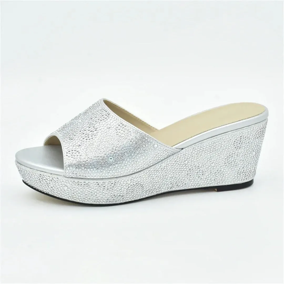 Women Elegant Crystal Appliques Slip-On Slingback Pumps with Round Toe and High Heel for Party