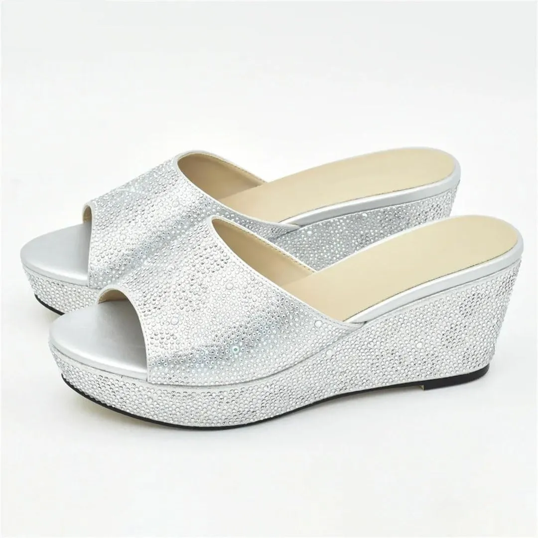 Women Elegant Crystal Appliques Slip-On Slingback Pumps with Round Toe and High Heel for Party