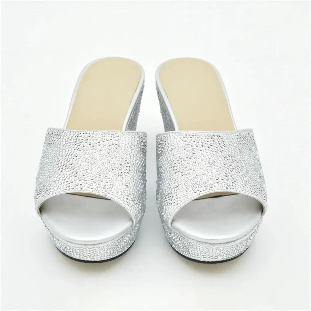 Women Elegant Crystal Appliques Slip-On Slingback Pumps with Round Toe and High Heel for Party