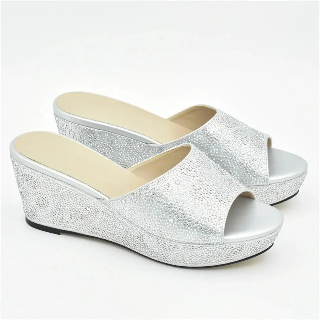 Women Elegant Crystal Appliques Slip-On Slingback Pumps with Round Toe and High Heel for Party