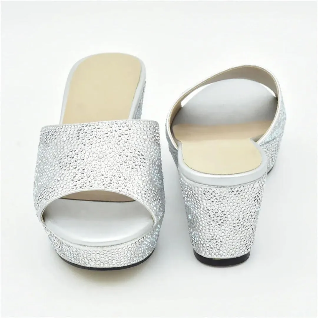 Women Elegant Crystal Appliques Slip-On Slingback Pumps with Round Toe and High Heel for Party