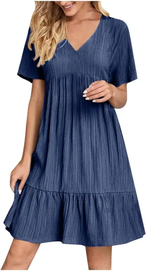 Women Fashion Summer V-Neck Dresses Casual Lightweight Solid Color Short Sleeve Formal Party Swing Pleated Home Dress
