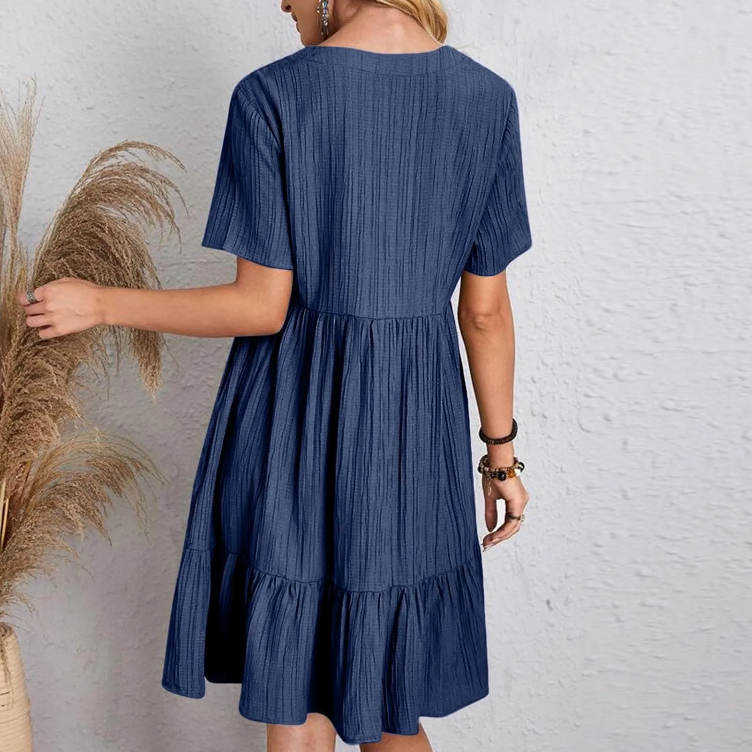 Women Fashion Summer V-Neck Dresses Casual Lightweight Solid Color Short Sleeve Formal Party Swing Pleated Home Dress