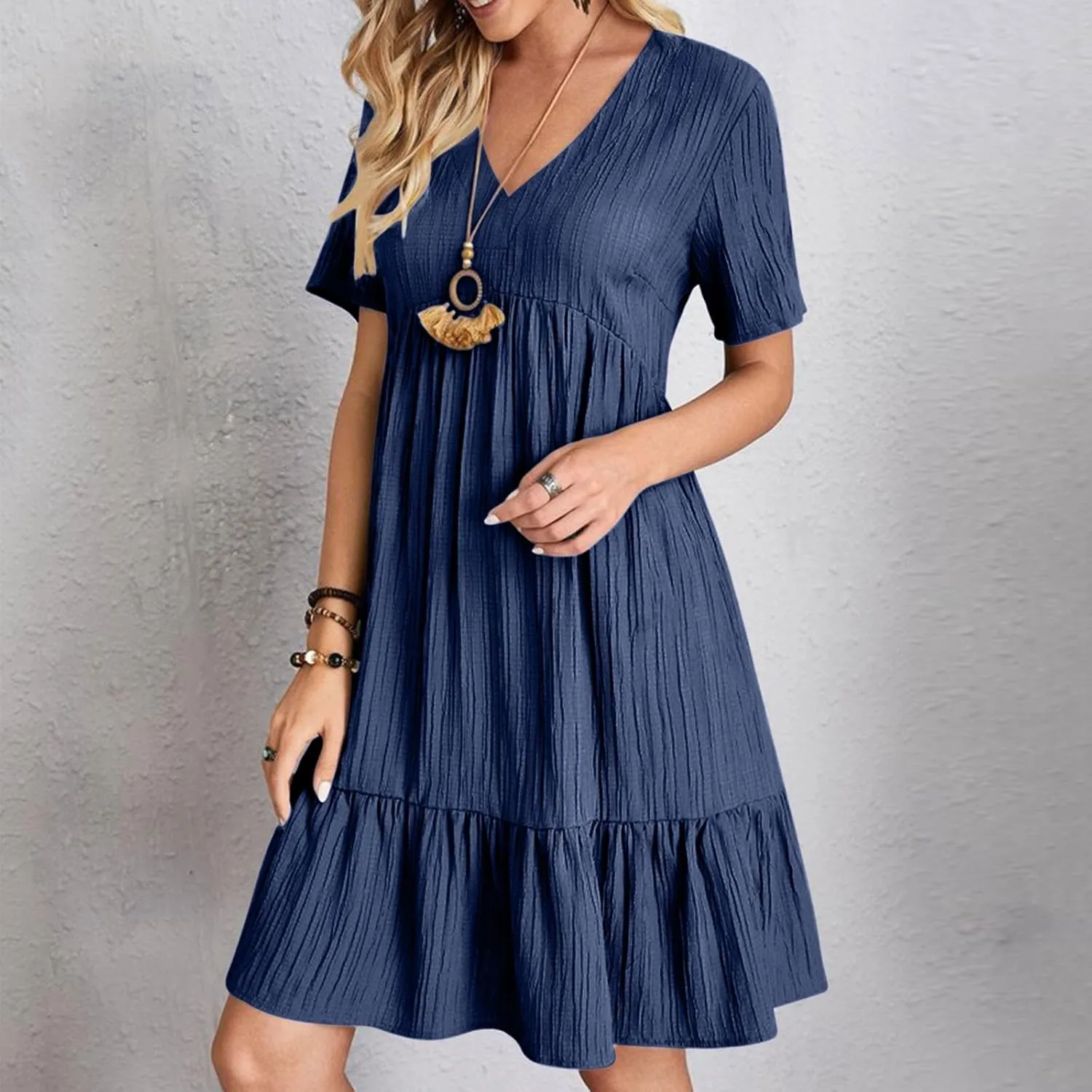 Women Fashion Summer V-Neck Dresses Casual Lightweight Solid Color Short Sleeve Formal Party Swing Pleated Home Dress