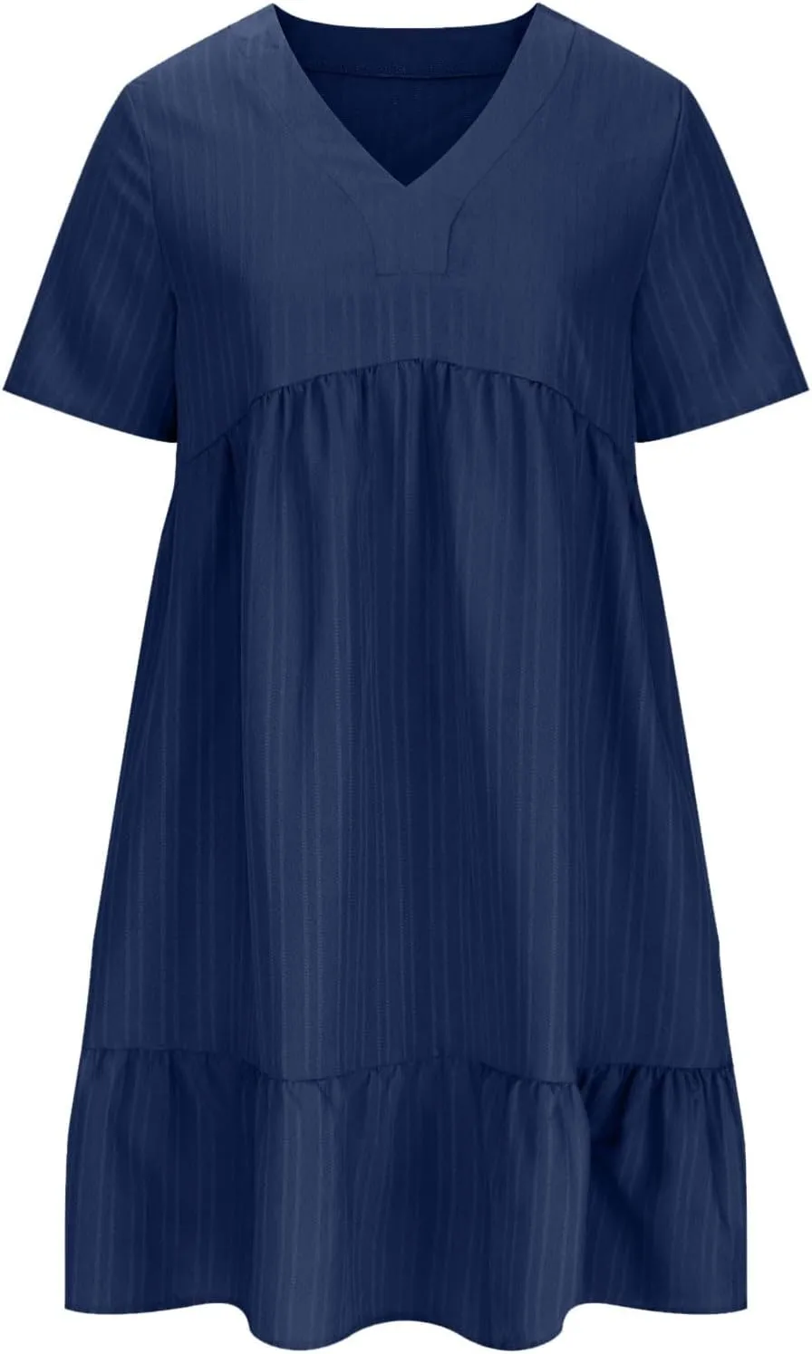 Women Fashion Summer V-Neck Dresses Casual Lightweight Solid Color Short Sleeve Formal Party Swing Pleated Home Dress