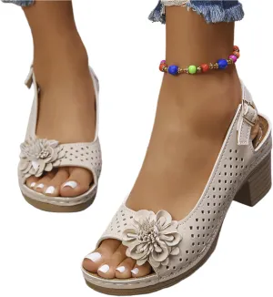 Women Flower Chunky Heel Sandals Open Toe Ankle Strap Platform Block High Heels Wedding Party Dressy Floral Heeled Sandals