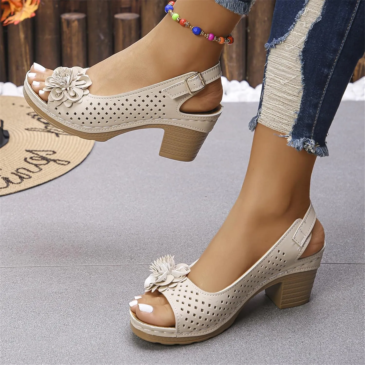 Women Flower Chunky Heel Sandals Open Toe Ankle Strap Platform Block High Heels Wedding Party Dressy Floral Heeled Sandals
