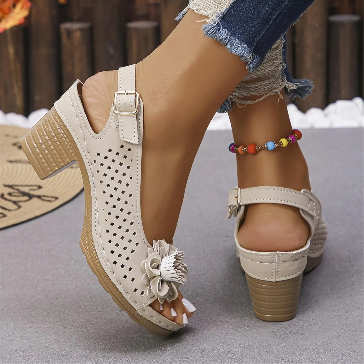 Women Flower Chunky Heel Sandals Open Toe Ankle Strap Platform Block High Heels Wedding Party Dressy Floral Heeled Sandals