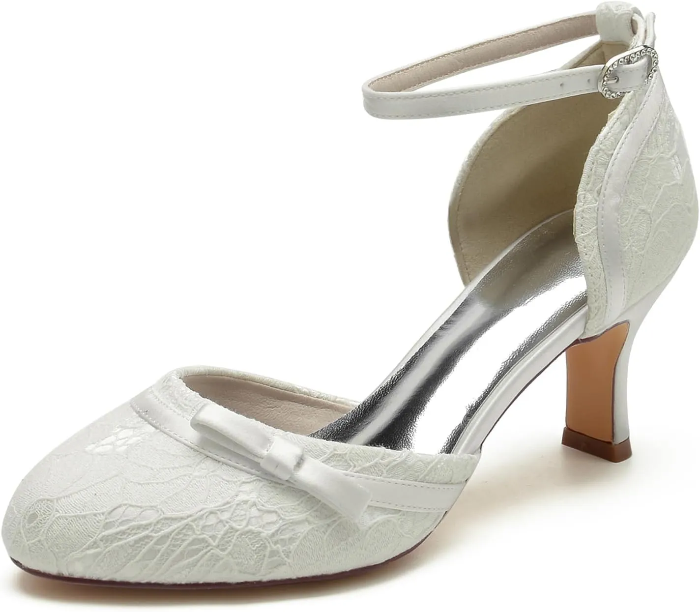 Women Heel Wedding Bridal Bride Shoes Closed Toe Lace Evening Dress Shoes Bridesmaid Ankle Buckle Mid Heel