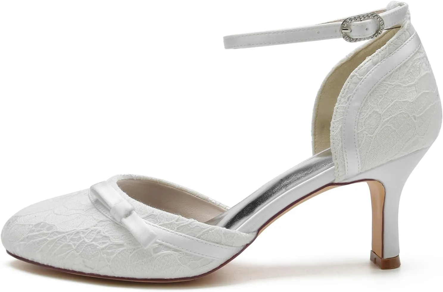 Women Heel Wedding Bridal Bride Shoes Closed Toe Lace Evening Dress Shoes Bridesmaid Ankle Buckle Mid Heel