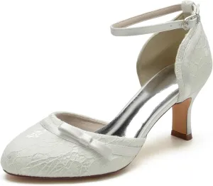 Women Heel Wedding Bridal Bride Shoes Closed Toe Lace Evening Dress Shoes Bridesmaid Ankle Buckle Mid Heel