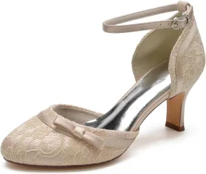 Women Heel Wedding Bridal Bride Shoes Closed Toe Lace Evening Dress Shoes Bridesmaid Ankle Buckle Mid Heel