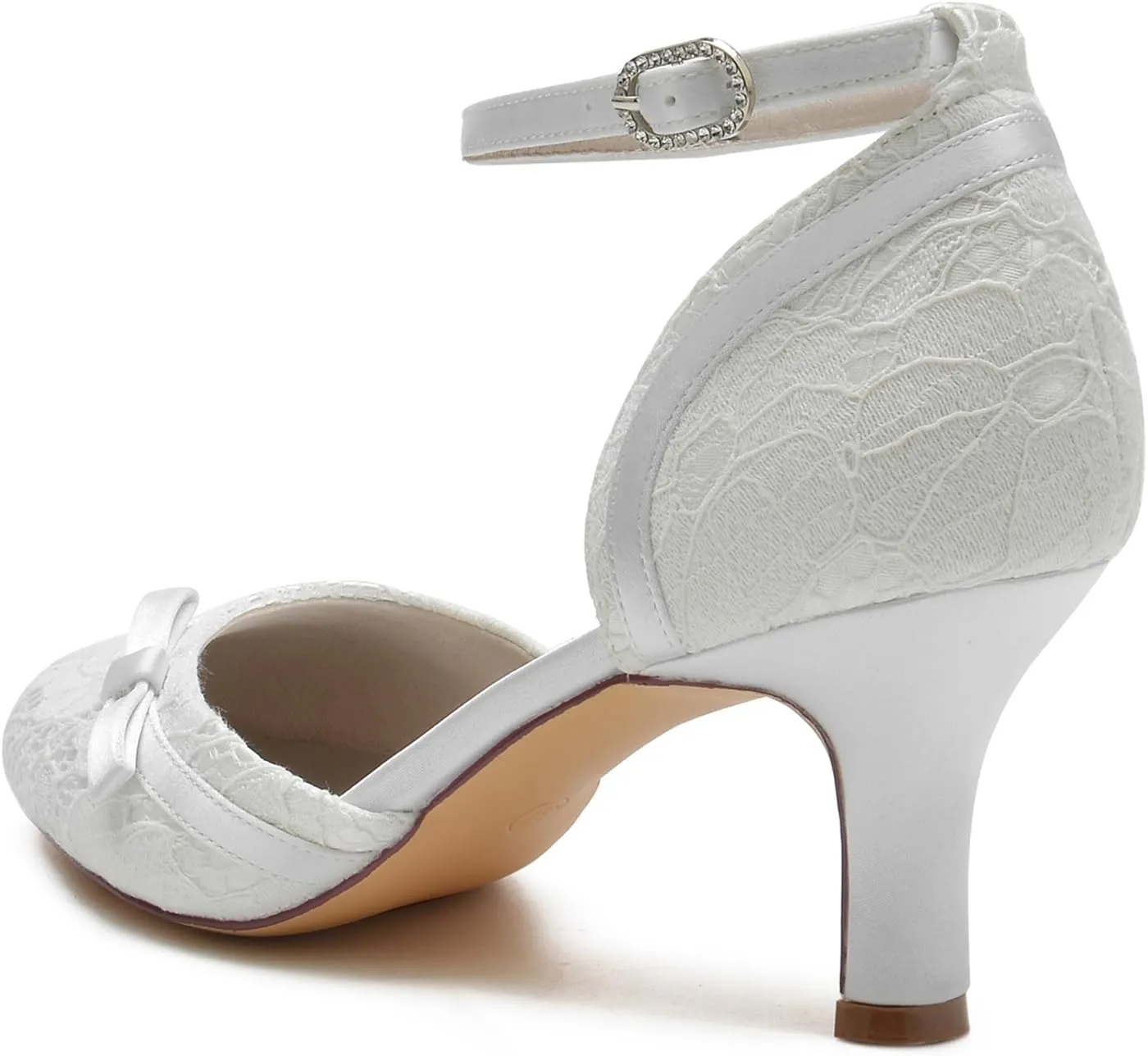 Women Heel Wedding Bridal Bride Shoes Closed Toe Lace Evening Dress Shoes Bridesmaid Ankle Buckle Mid Heel