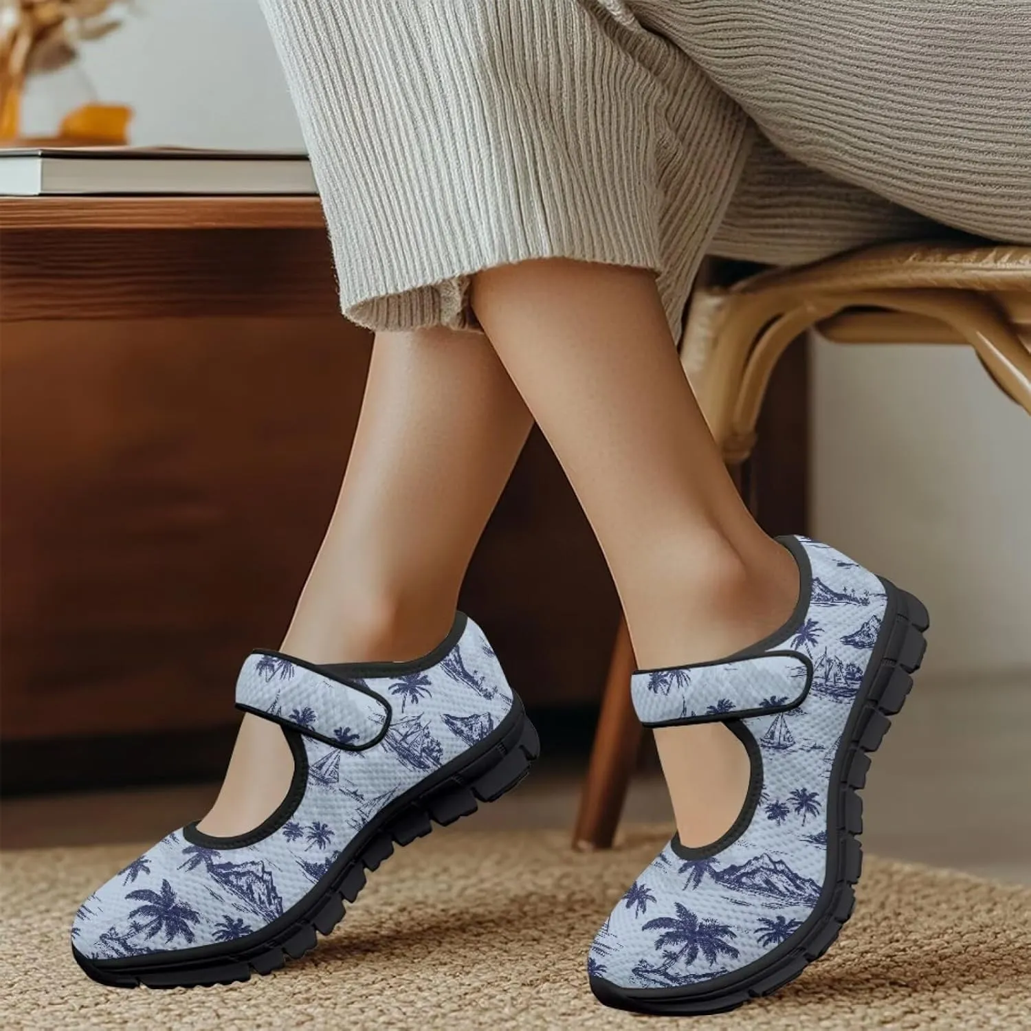 Women Mary Jane Sneaker Shoes Lightweight Casual Breathable Non Slip Flats with Magic Sticker